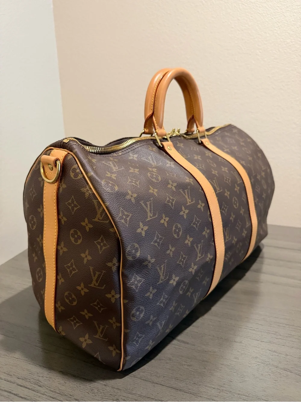 Louis Vuitton Keepall 50 Brown Monogram Leather Travel Duffel Bag with Strap